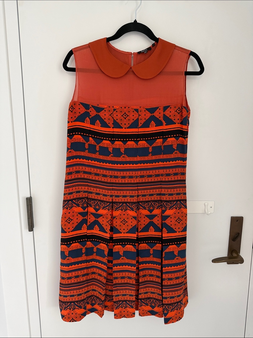 Raoul Orange and Navy Patterned Peter Pan Collar Lined Dress with Belt